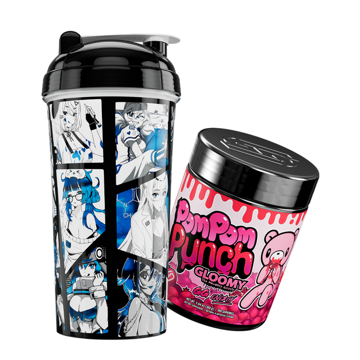 Black shaker cup with blue manga-style characters and pink Pom Pom Punch Gloomy tub with bear and dripping design.