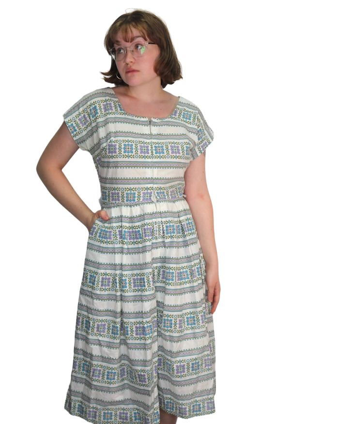 50s Maxan Grn/Purp Pattern Cotton Zip Dress   w27