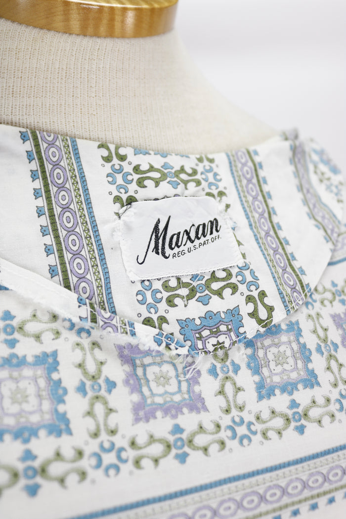 50s Maxan Grn/Purp Pattern Cotton Zip Dress   w27