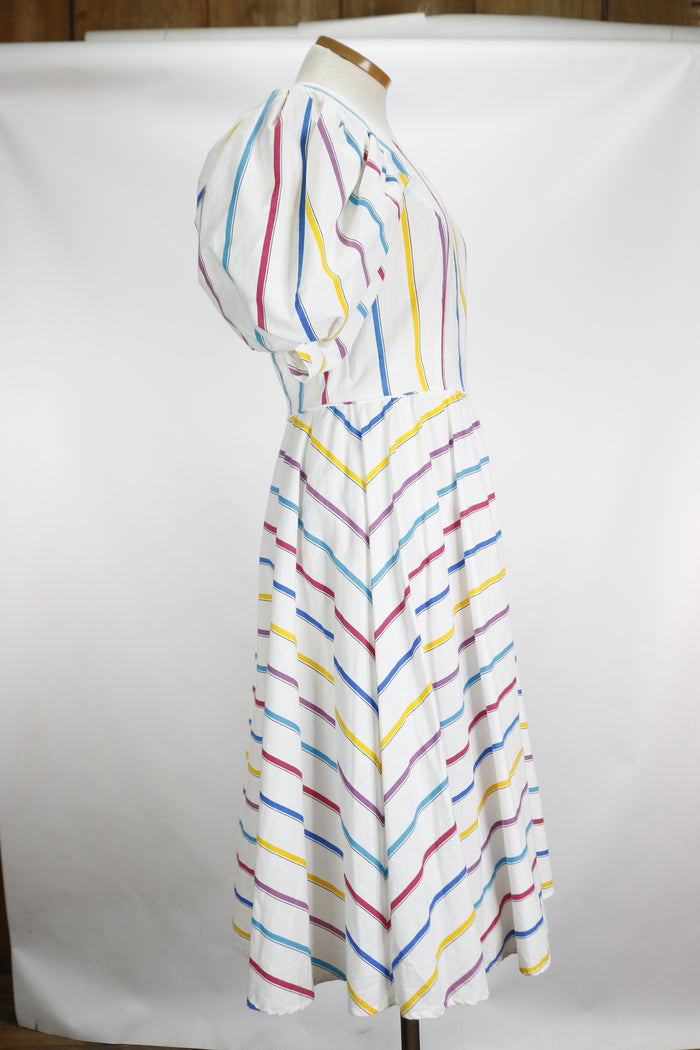 80s Plaza South Rainbow Stripe Mutton Sleeve Dress  w28