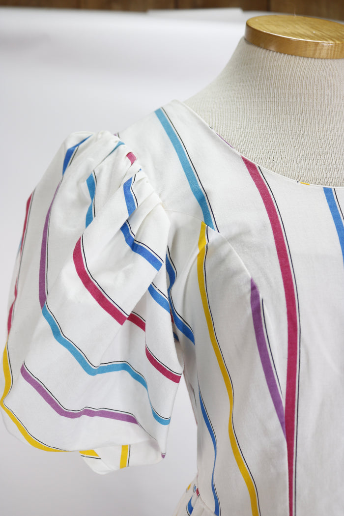 80s Plaza South Rainbow Stripe Mutton Sleeve Dress  w28