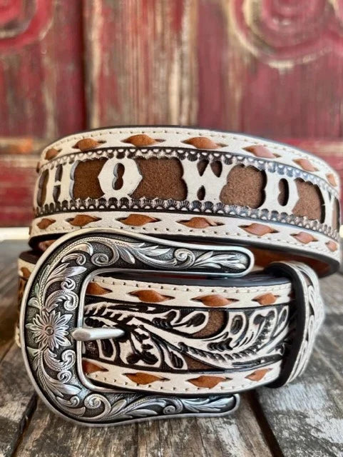 Angel Ranch Western Belt Leather Howdy Floral Buck Lace Ivory