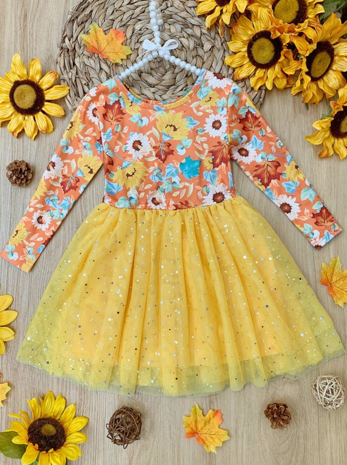 Girls Long Sleeved Floral Sparkly Tutu Dress - Mia Belle Girls