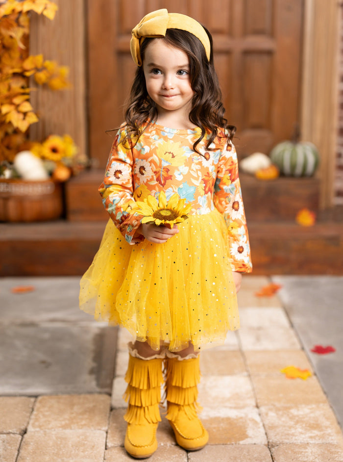 Girls Long Sleeved Floral Sparkly Tutu Dress - Mia Belle Girls