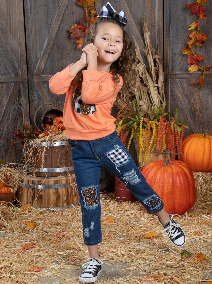 Aww, Pumpkin Pullover & Patched Jeans Set - Mia Belle Girls