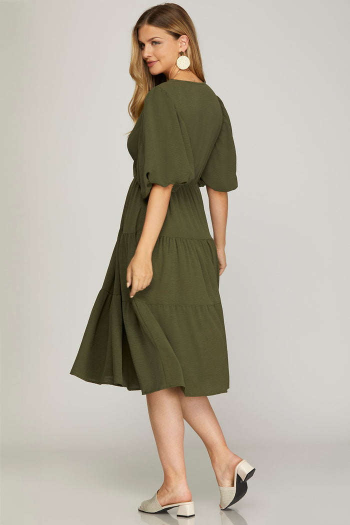 Balloon Sleeve Woven Tiered Wrap Midi Dress