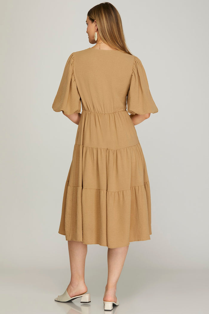 Balloon Sleeve Woven Tiered Wrap Midi Dress