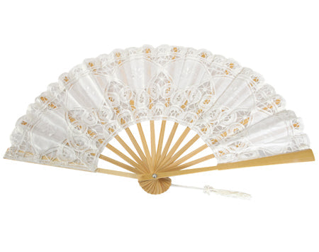 Embroidered Battenberg Lace Fan - White