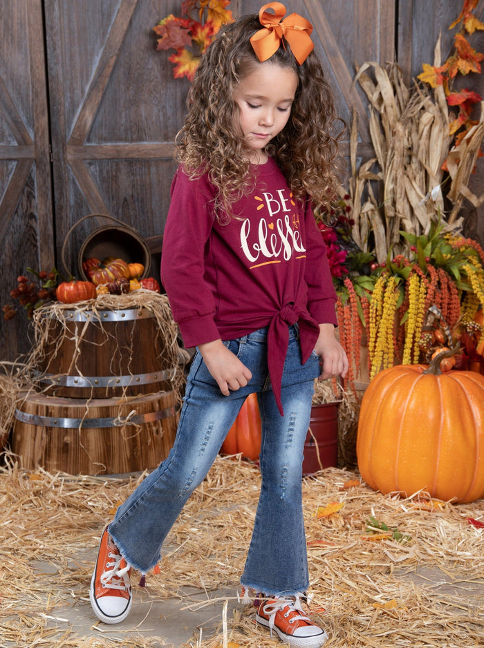 Girls Thanksgiving Outfits | Knot Hem Pullover & Tassel Hem Jeans Set