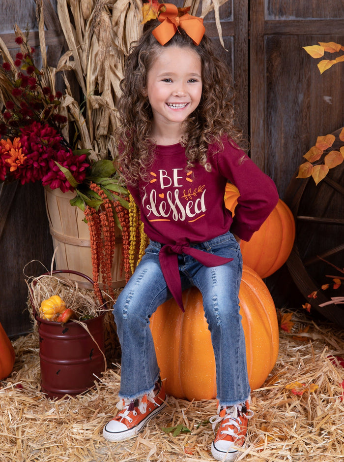 Girls Thanksgiving Outfits | Knot Hem Pullover & Tassel Hem Jeans Set