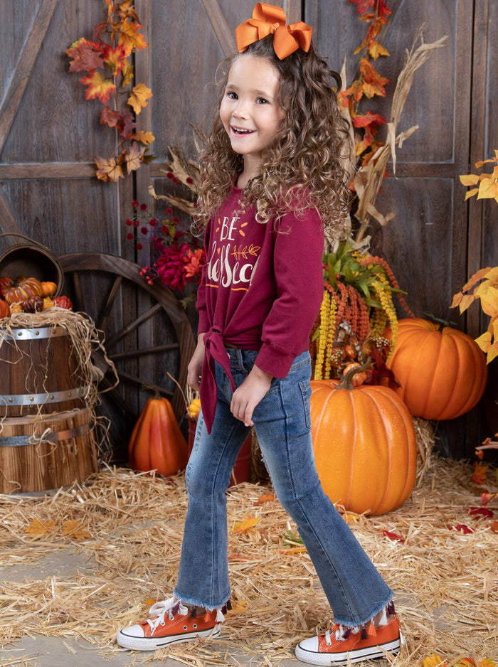 Girls Thanksgiving Outfits | Knot Hem Pullover & Tassel Hem Jeans Set