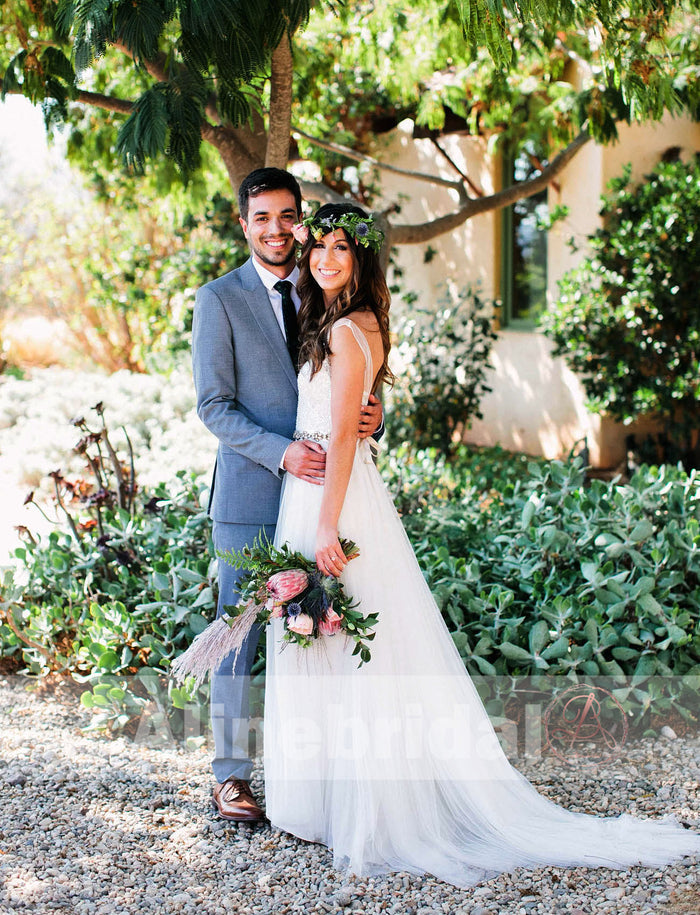 Beaded sleeveless Ivory Tulle Shinning Bling A-line Wedding Dresses, AB1140