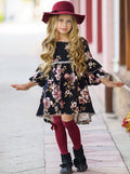 Little girls fall boho 3/4 sleeve hi-lo Dovie-style dress with floral print pattern, double-ruffle tiered cuffs, and white crochet waistband - Mia Belle Girls