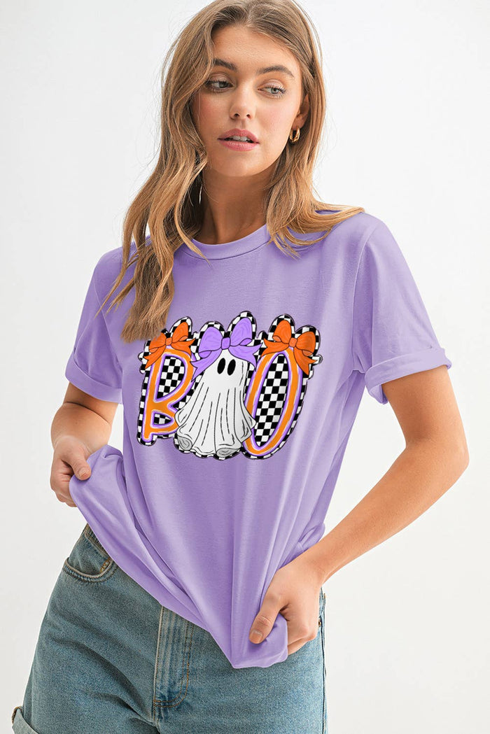 Boo Checkered Bow Ghost Patched Graphic T-Shirt