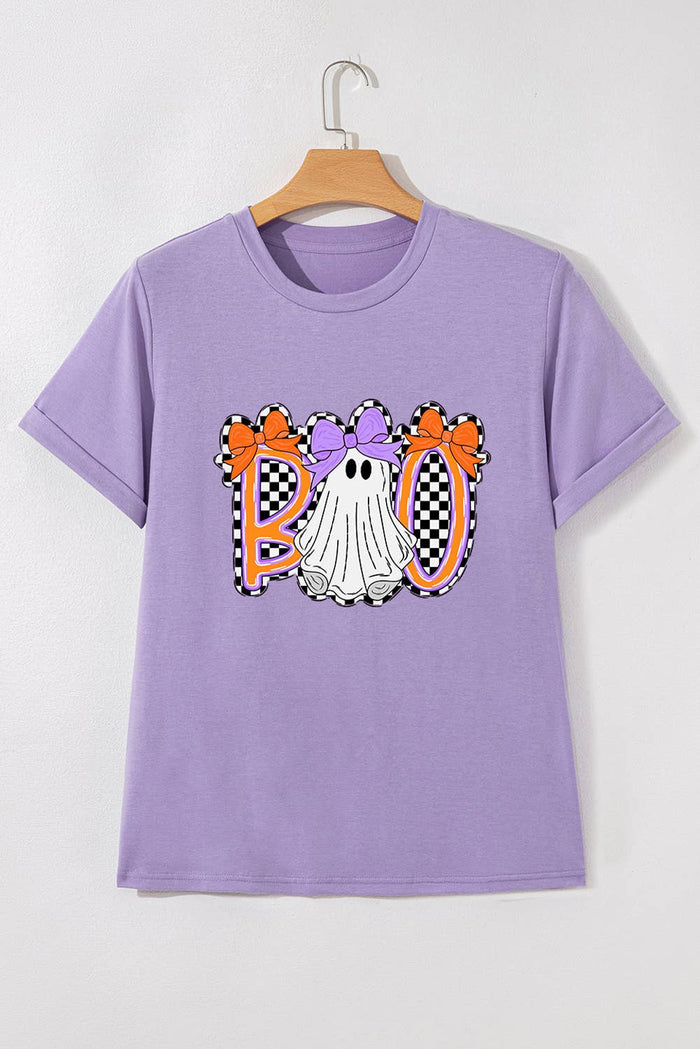 Boo Checkered Bow Ghost Patched Graphic T-Shirt