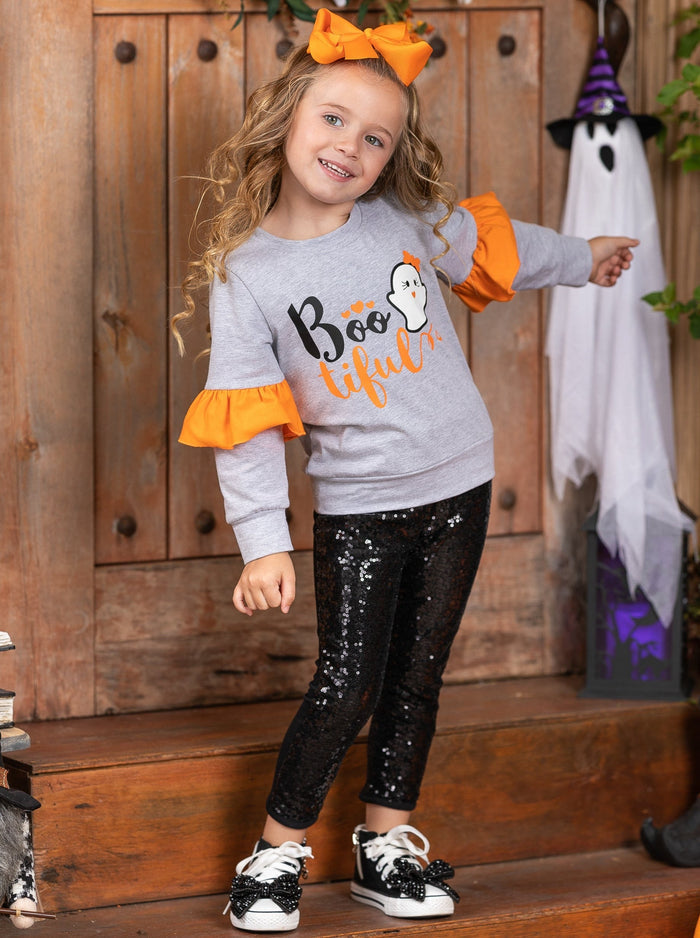 Girls Halloween Apparel | Toddlers Ghost Sweater & Sequin Legging Set