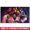 Three anime-style women with horns and dark fantasy armor against a fiery background.