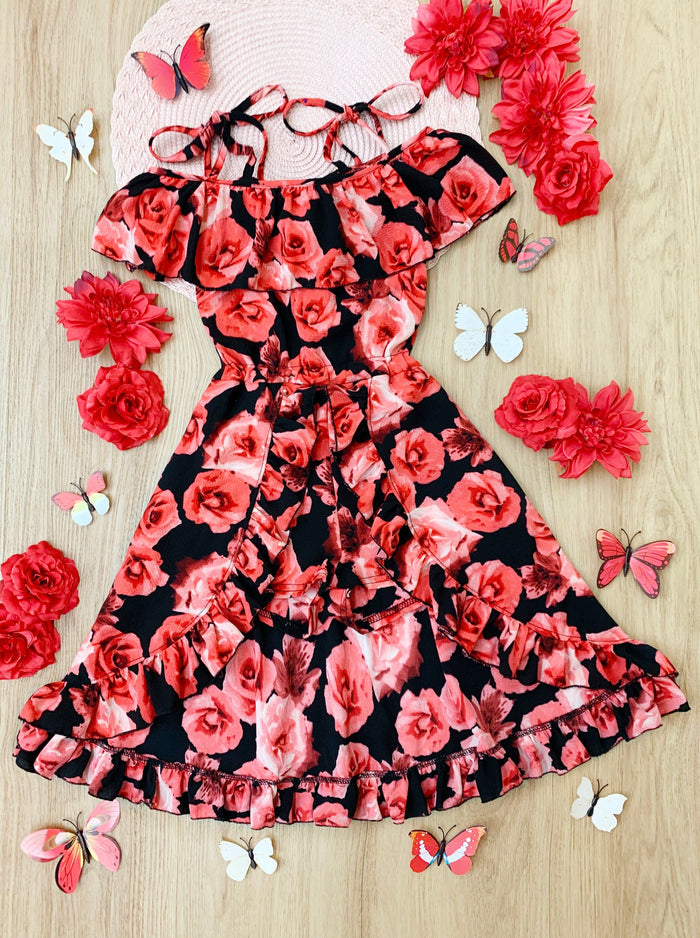 Toddler Spring Outfits | Girls Floral Print Cold Shoulder Romper Dress