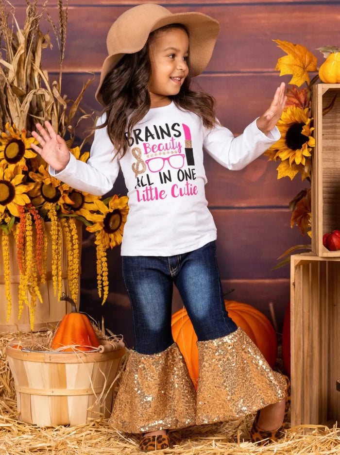 Cute Outfits For Girls | Brains & Beauty Sequin Bell Bottom Jean Set