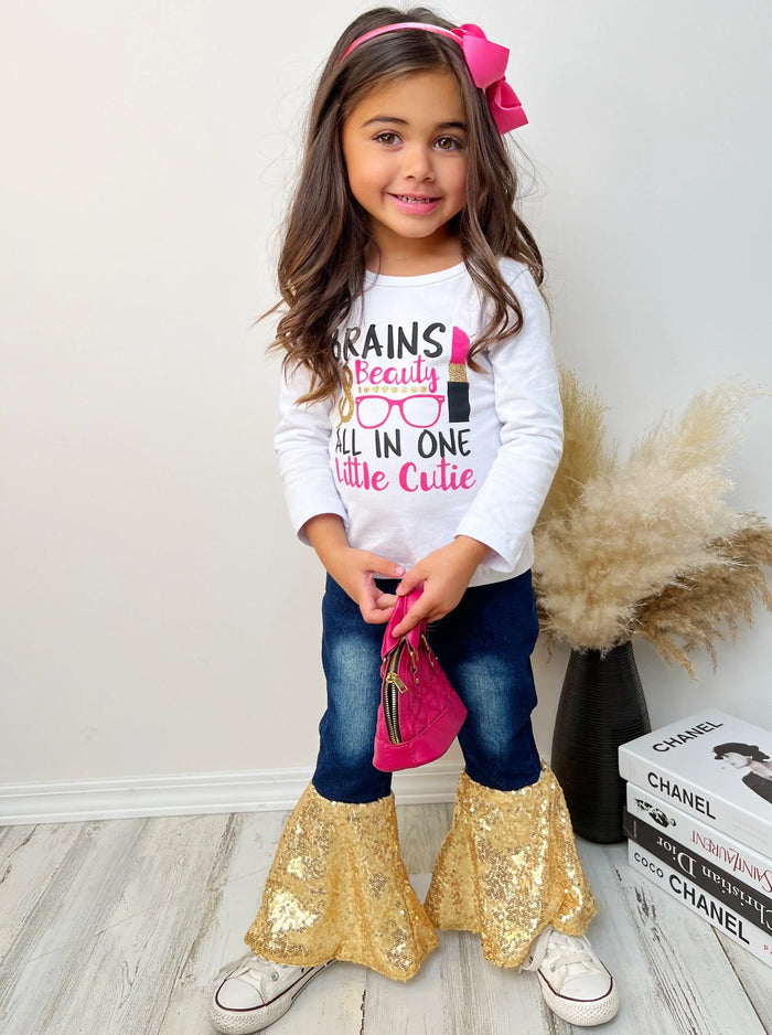 Cute Outfits For Girls | Brains & Beauty Sequin Bell Bottom Jean Set