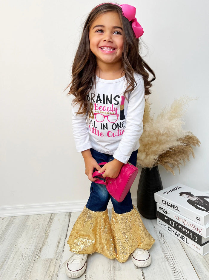 Cute Outfits For Girls | Brains & Beauty Sequin Bell Bottom Jean Set