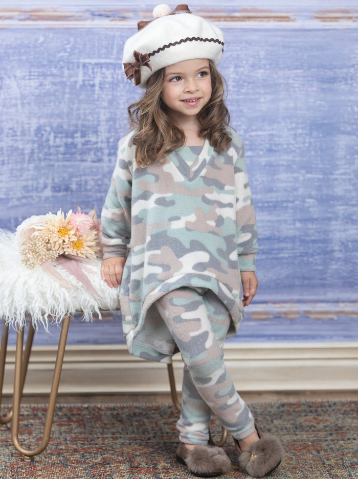 Girls Loungewear Microfleece Grey Camo Lounge Set - Mia Belle Girls