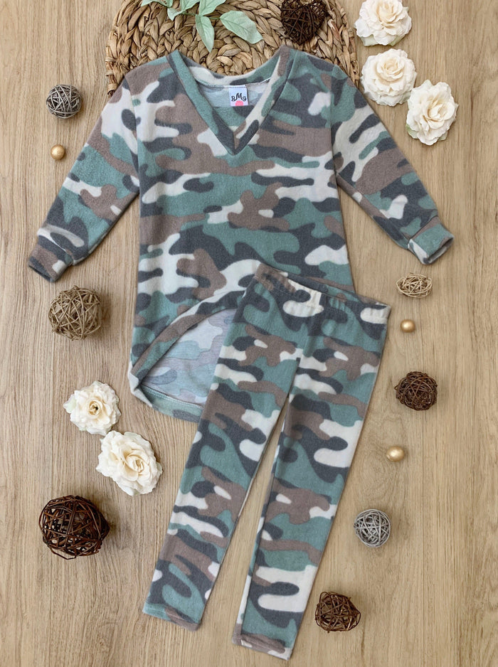 Girls Loungewear Microfleece Grey Camo Lounge Set - Mia Belle Girls