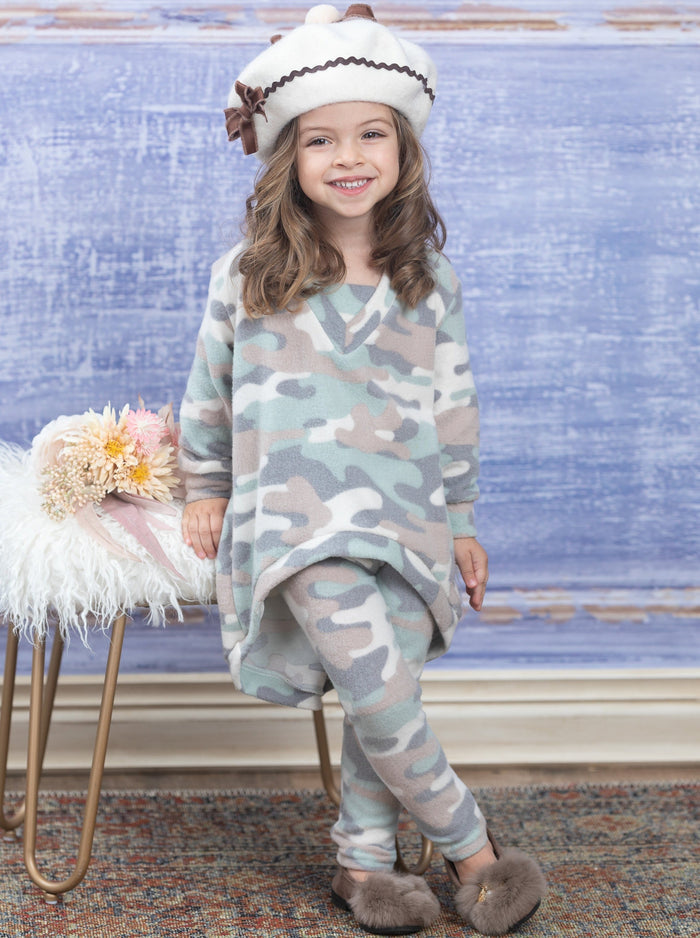 Girls Loungewear Microfleece Grey Camo Lounge Set - Mia Belle Girls