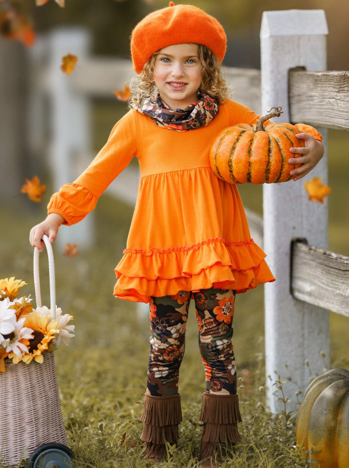 Little Girls Fall Outfits | Cute Floral Camo Tunic Scarf & Legging Set