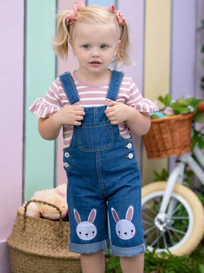 Causal Easter Outfits | Girls Striped Top & Denim Bunny Overall Set