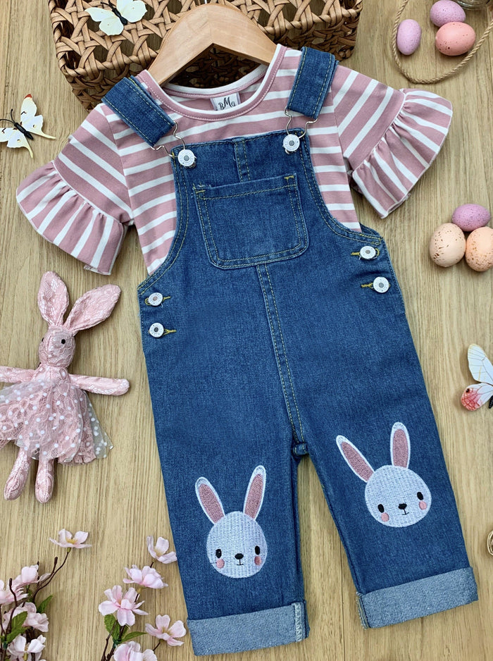 Causal Easter Outfits | Girls Striped Top & Denim Bunny Overall Set
