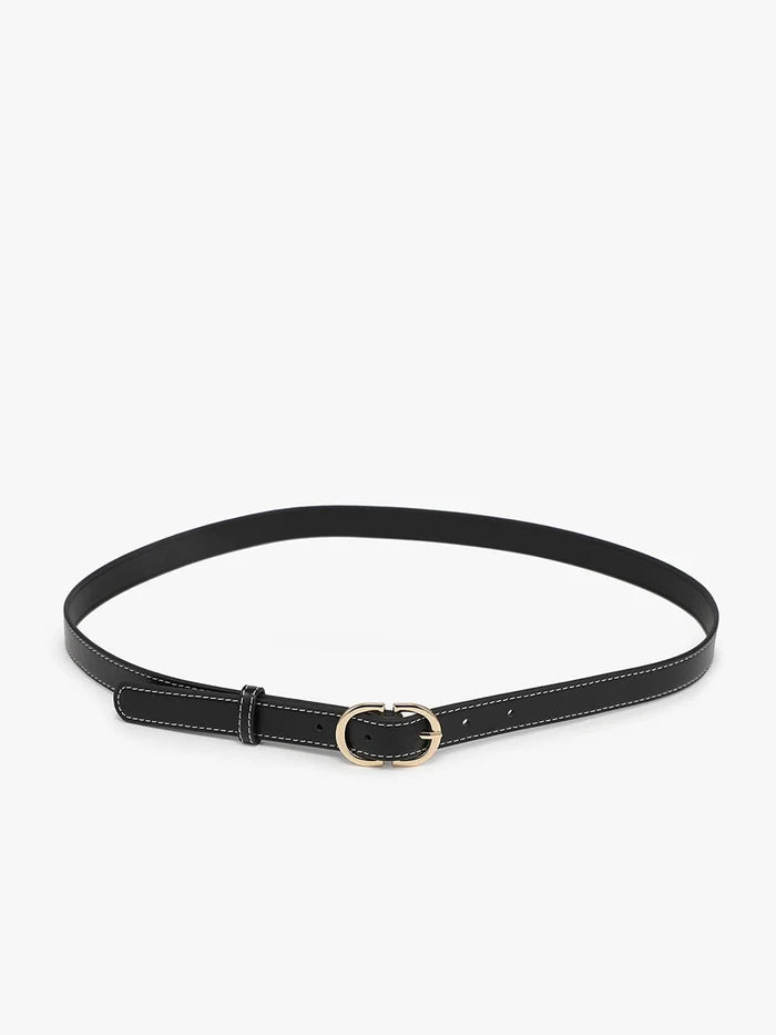 Contrast-Stitch Slim Belt with Textured Buckle