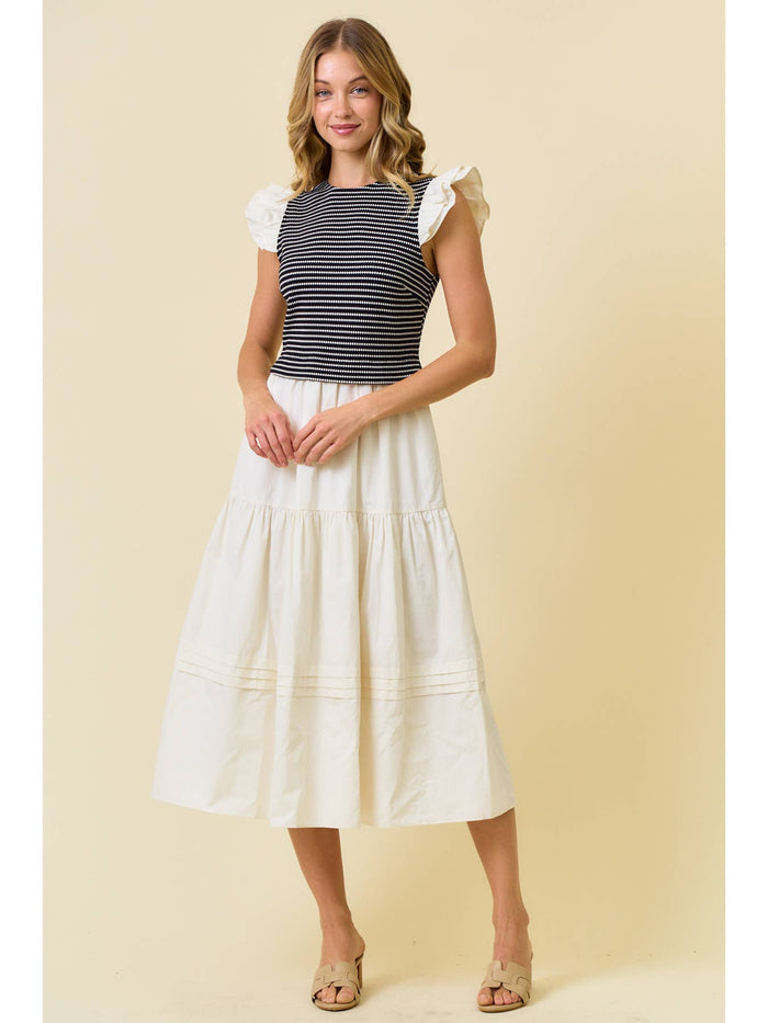Cotton Poplin Tiered Dress with Ruffle Sleeve