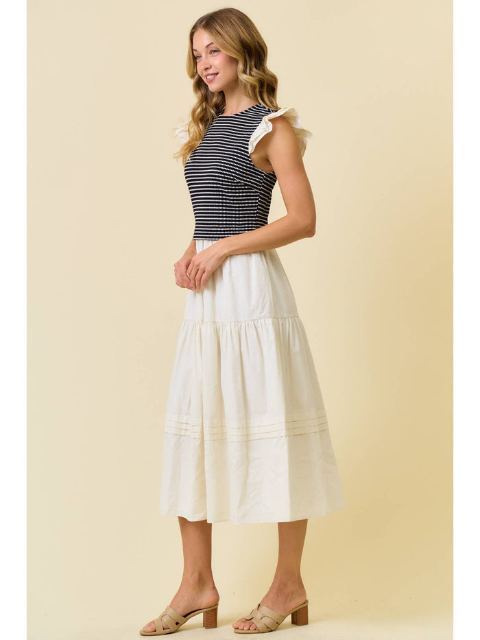 Cotton Poplin Tiered Dress with Ruffle Sleeve