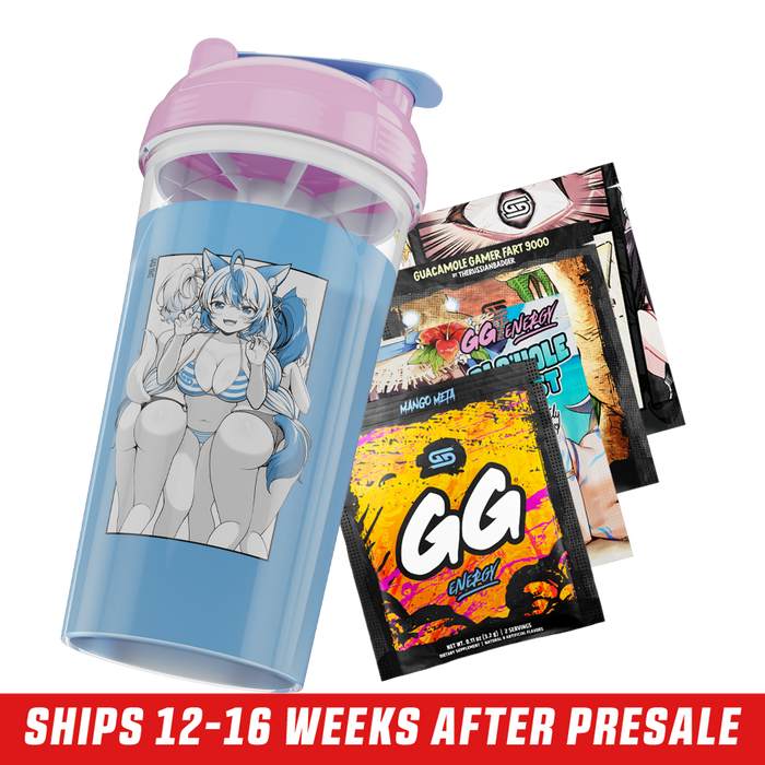 Clear shaker cup with pink lid and black-and-white anime girls in bikinis printed on the side