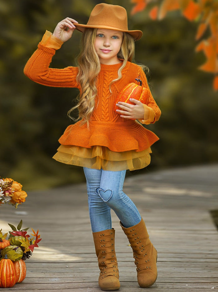 Kids Sweaters | Girls Cable Knit Peplum Tutu Sweater | Mia Belle Girls