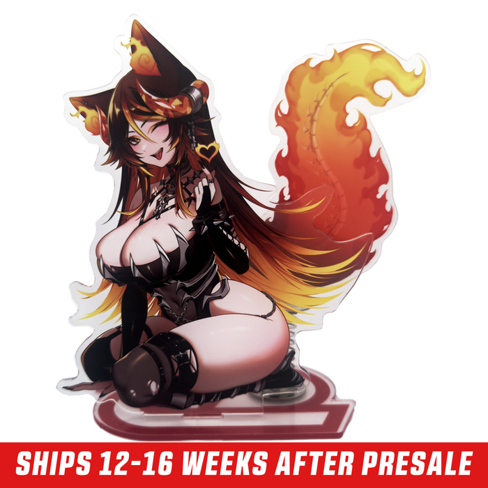 Kneeling demon girl with flaming orange tail, black horned headpiece, and revealing black outfit on acrylic standee.