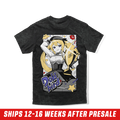 Black acid-wash shirt with small purple and white "Doki bird" logo and red lips graphic on left chest
