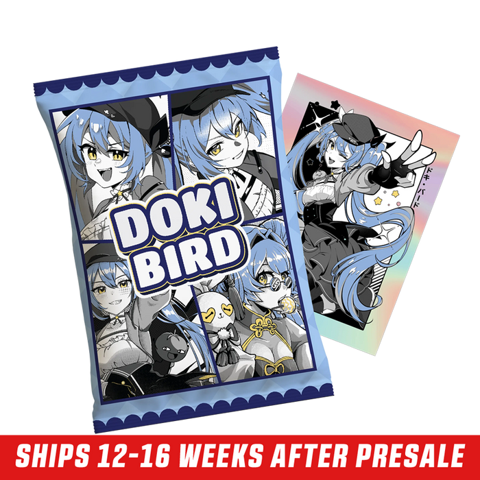Three blue-bordered sticker packs featuring anime-style character with blue hair and yellow eyes in various poses.
