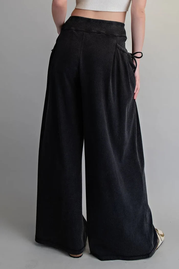 Drawstring Tie Pocket Wide Leg Ribbed Knit Pants