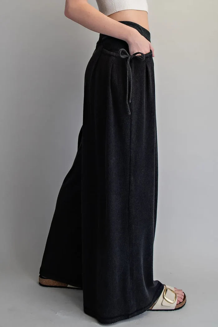 Drawstring Tie Pocket Wide Leg Ribbed Knit Pants