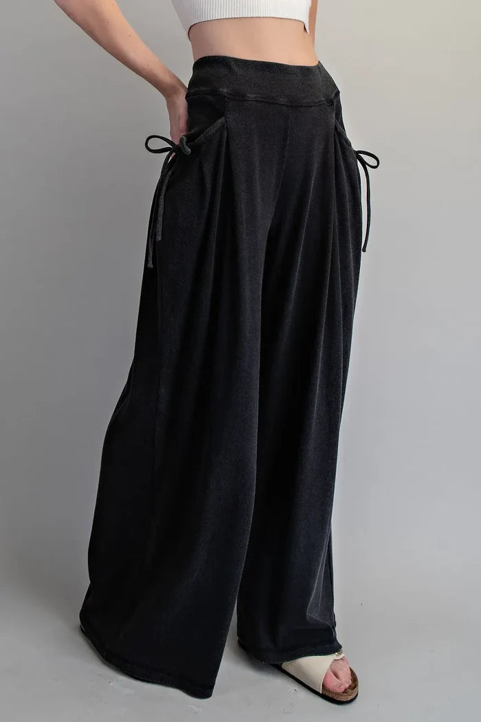 Drawstring Tie Pocket Wide Leg Ribbed Knit Pants