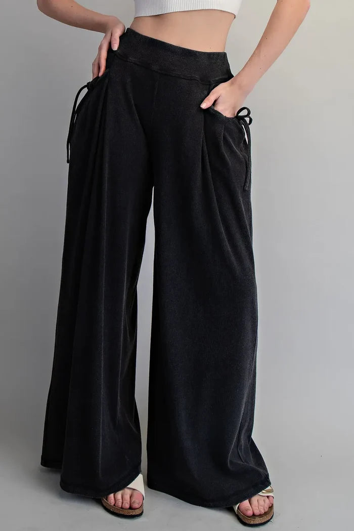 Drawstring Tie Pocket Wide Leg Ribbed Knit Pants