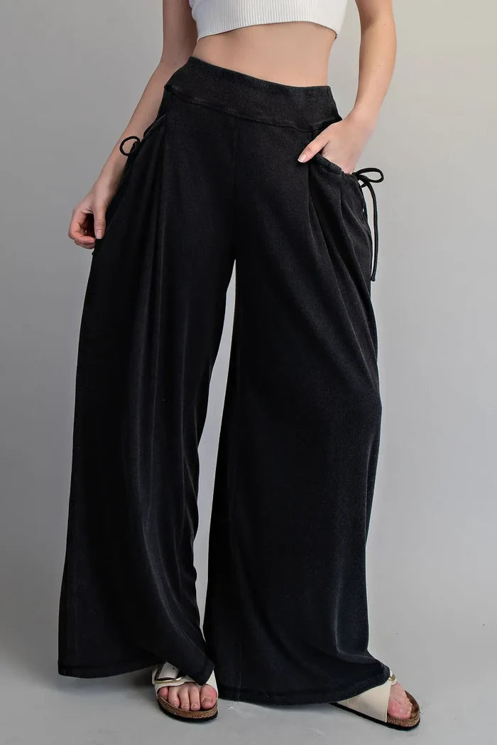 Drawstring Tie Pocket Wide Leg Ribbed Knit Pants