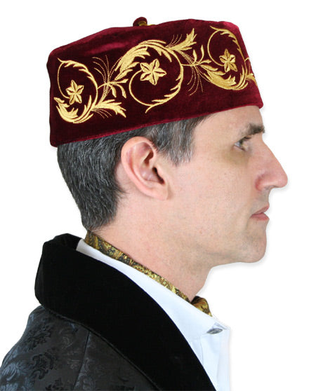 Embroidered Vintage Velvet Smoking Cap - Burgundy