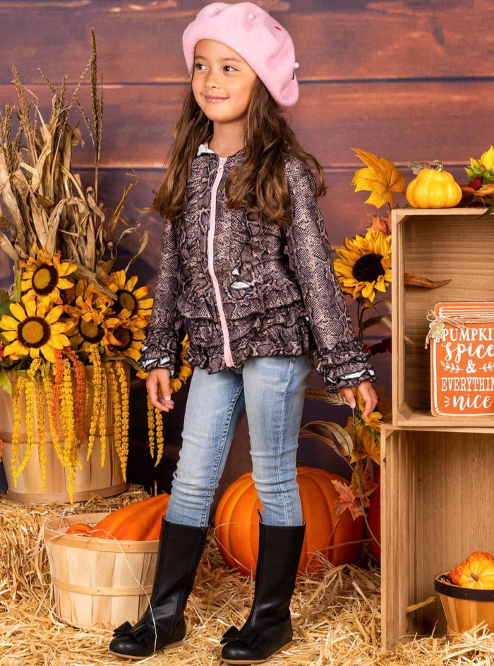 Sweaters & Cardigans | Snake Print Ruffled Hoodie | Mia Belle Girls