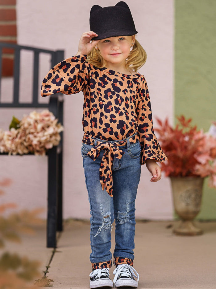 Girls Fall Fierce Leopard Top & Jeans Set - Mia Belle Girls
