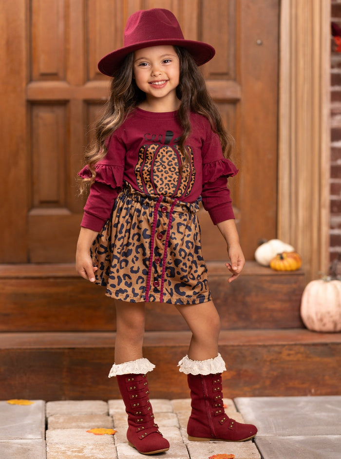 Mia Belle Girls Fall Leopard Print Pumpkin Top & Skirt Set