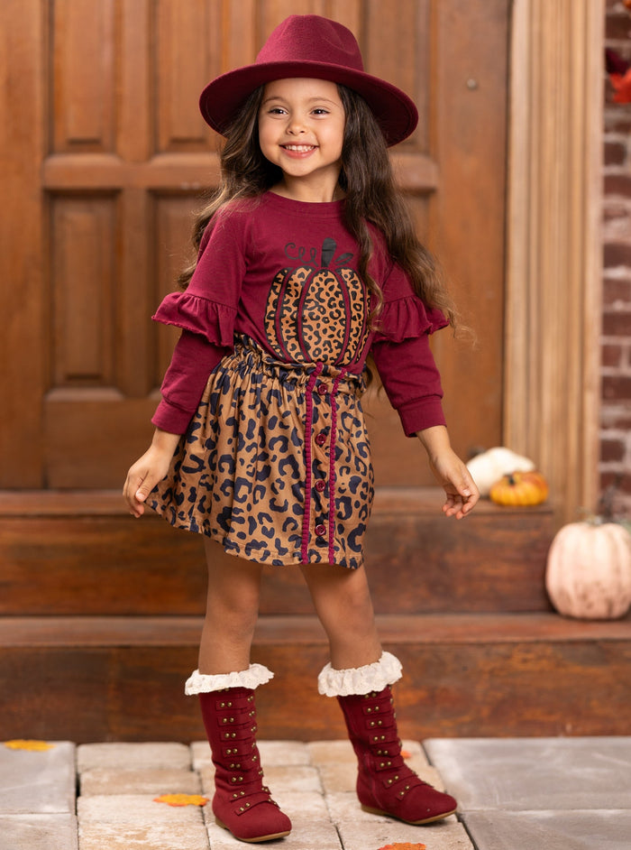 Mia Belle Girls Fall Leopard Print Pumpkin Top & Skirt Set