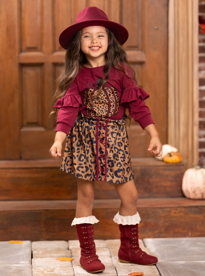 Mia Belle Girls Fall Leopard Print Pumpkin Top & Skirt Set